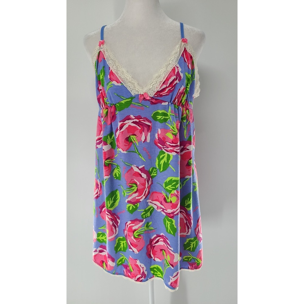 Betsey Johnson Blue Floral Lace-Trim Chemise with Pink & Green Accents